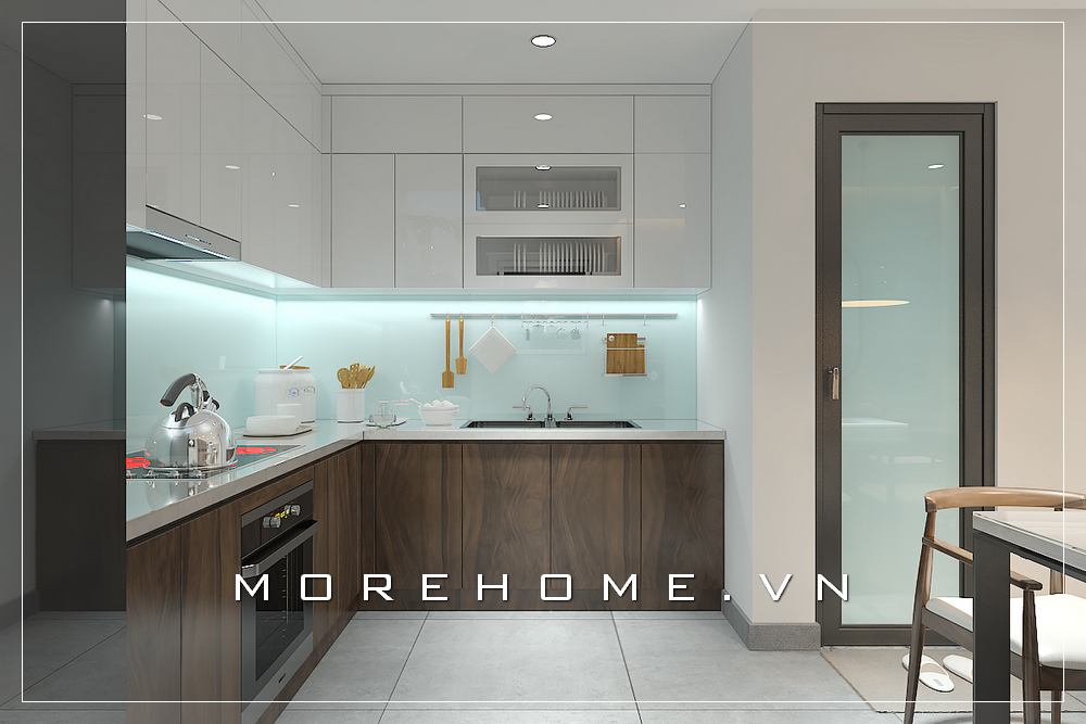Mẫu tủ bếp gỗ công nghiệp cữ L hiện đại, tone màu nâu của gỗ tạo nên không gian ấm cúng, thiết bị bếp đầu đủ tạo không gian tiện nghi cho người nội trợ Tủ bếp gỗ công nghiệp và tủ bếp acrylic