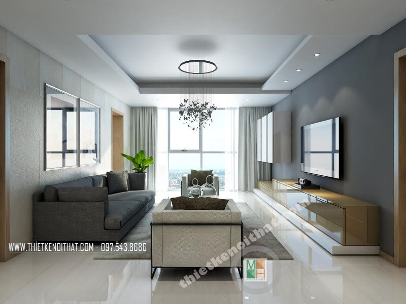 Mẫu thiết kế nội thất chung cư đơn giản với bộ sofa vải hiện đại tạo điểm nhấn nổi bật cho căn phòng. Mẫu nội thất biệt thự tân cổ điển, hiện đại đẹp