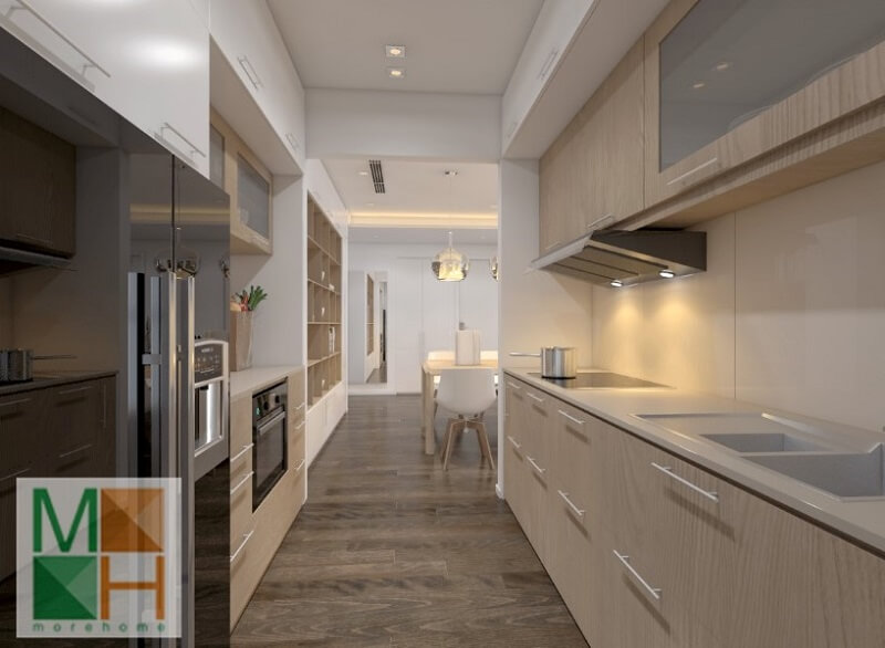 Thiết kế phòng bếp chung cư hiện đại với hệ tủ bếp gỗ công nghiệp hiện đại,thông minh Thiết kế nhà bếp tiện nghi sang trọng
