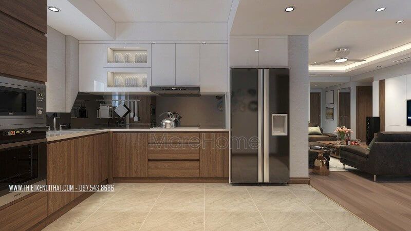 Thiết kế tủ bếp hiện đại chữ L, có đầy đủ thiết bị rất hữu dụng trong khu bếp mang đến không gian bếp tiện dụng Thiết kế nhà bếp tiện nghi sang trọng