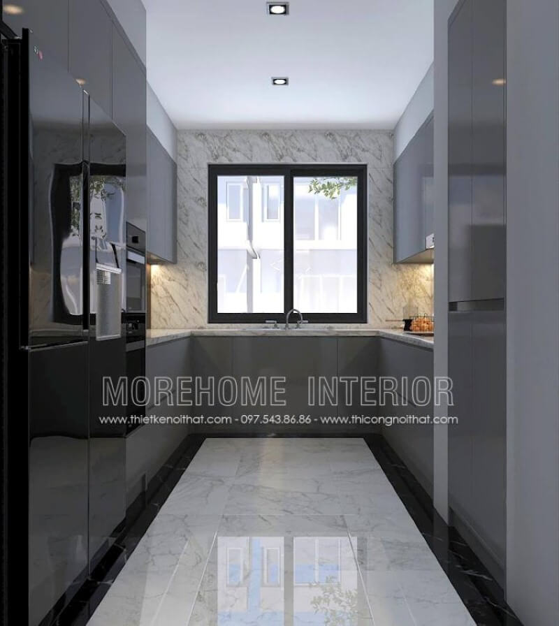 Đối với phòng bếp hiện đại không được lớn, mẫu tủ bếp chữ U gỗ công nghiệp acrylic màu xám là lựa chọn không thể hơn, đặc biệt phù hợp với các không gian chung cư, biệt thự, nhà phố. Thiết kế nhà bếp tiện nghi sang trọng