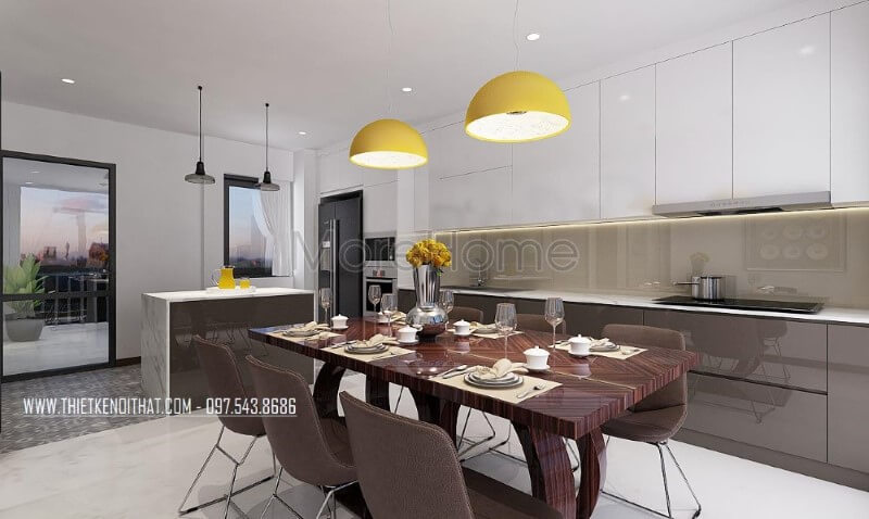 Bộ bàn ghế phòng ăn gỗ nguyên tấm trầm 6 ghế màu kết hợp cùng tone sáng từ tủ bếp tạo nên vẻ đẹp hài hòa, sang trọng cho phòng bếp hiện đại. Thiết kế phòng bếp, tủ bếp đẹp