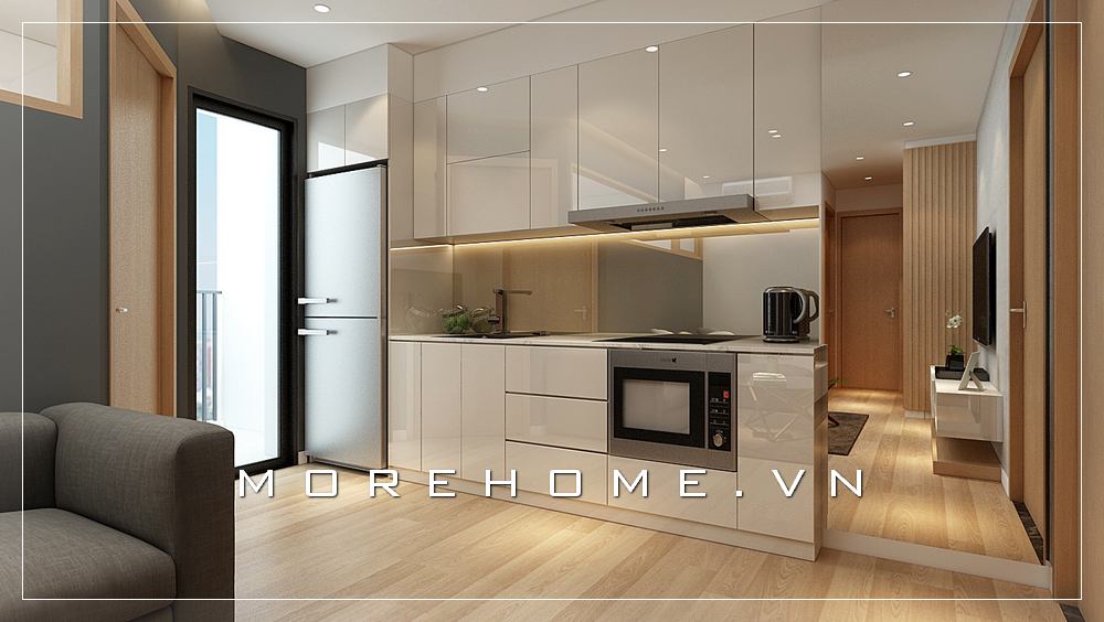 Thiết kế nội thất phòng bếp đơn giản, tone màu trắng chủ đạo tạo nên không gian sáng, thoáng mát và hiện đại hơn Thiết kế phòng bếp, tủ bếp đẹp