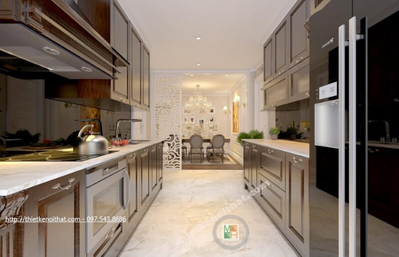 Mẫu thiết kế nội thất phòng bếp chung cư được bố trí hợp lí, các thiết bị nhà bếp hiện đại cũng được gia chủ lựa chọn nhằm mang lại sự tiện nghi nhất cho người nội trợ Thiết kế phòng bếp đẹp và sang trọng