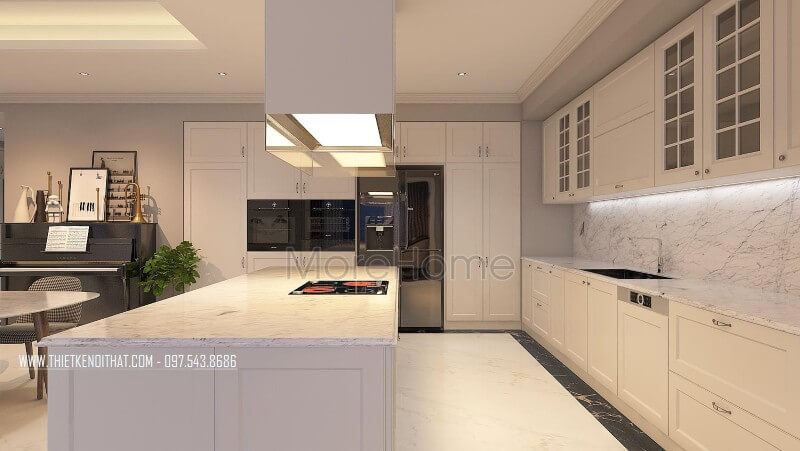 Phòng bếp được thiết kế sang trọng trong gam màu trắng tinh khôi với thiết bị bếp được lựa chọn mẫu thiết bị cao cấp nhất Thiết kế phòng bếp đẹp và sang trọng