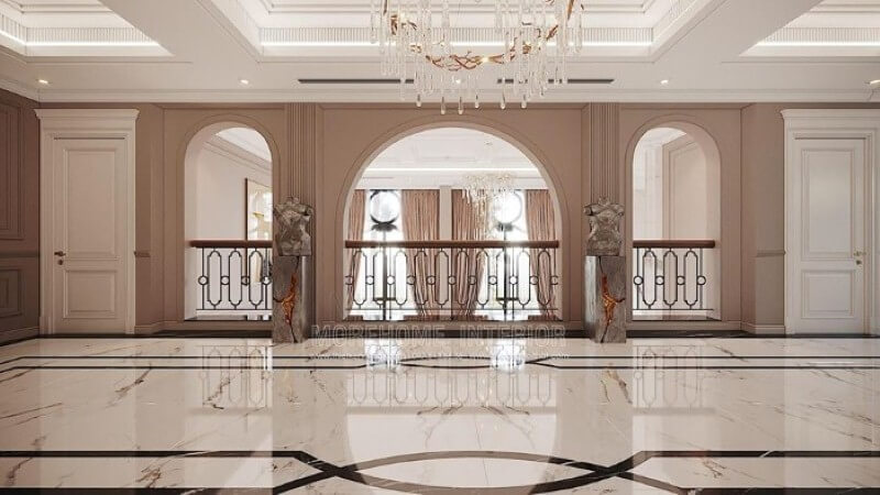 Trang trí hành lang đẹp, sang trọng cho phòng khách thông tầng. Mẫu nội thất biệt thự đẹp