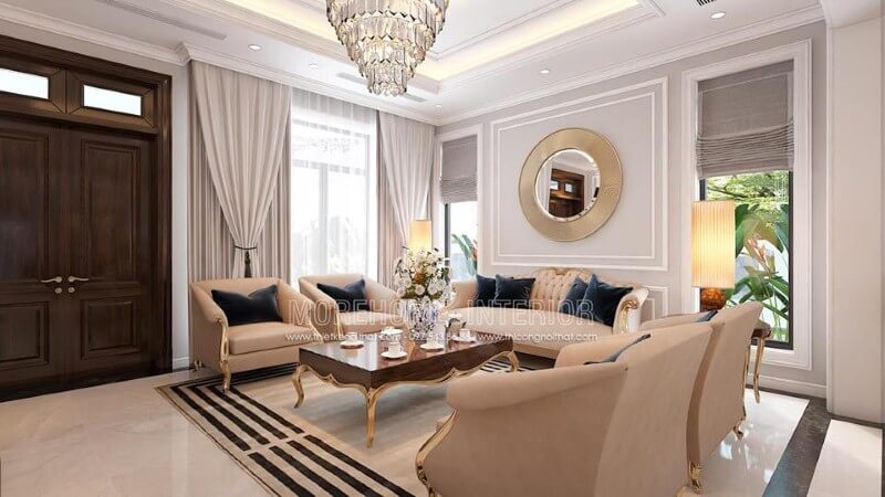 Cửa chính 2 cánh phòng khách ấn tượng với đường vân đẹp mắt cùng gam trầm độc đáo từ gỗ óc chó tự nhiên cao cấp. Mẫu nội thất biệt thự đẹp