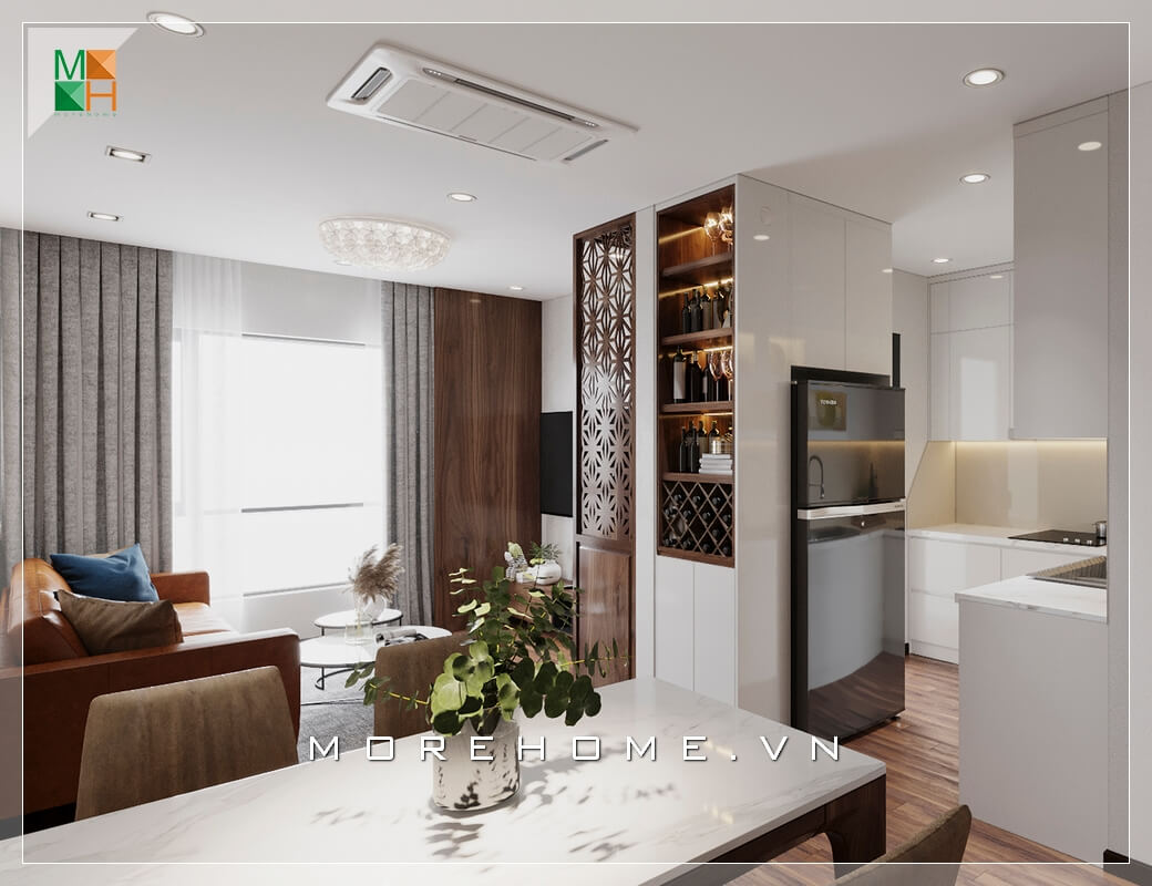 Thiết kế nội thất không gian nhà phố, chung cư đơn giản phong cách hiện đại. Phòng khách liền phòng ăn và phòng bếp, có tính liên kết hài hòa và tiện lợi phù hợp với không gian nhà có diện tích hạn chế. Thiết kế chung cư