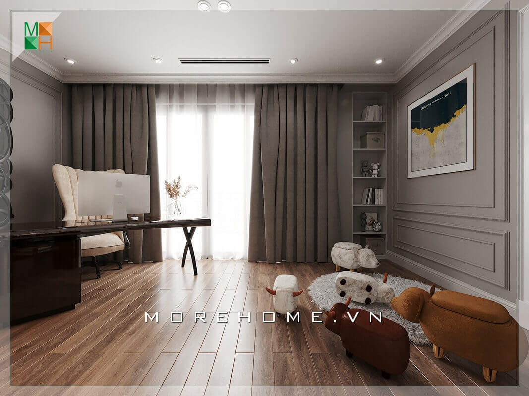 Mẫu thiết kế phòng làm việc chung cư, biệt thự, nhà phố đẹp, bố trí ngăn nắp, có ban công bằng kính rộng tràn đầy ánh sáng. Thiết kế chung cư