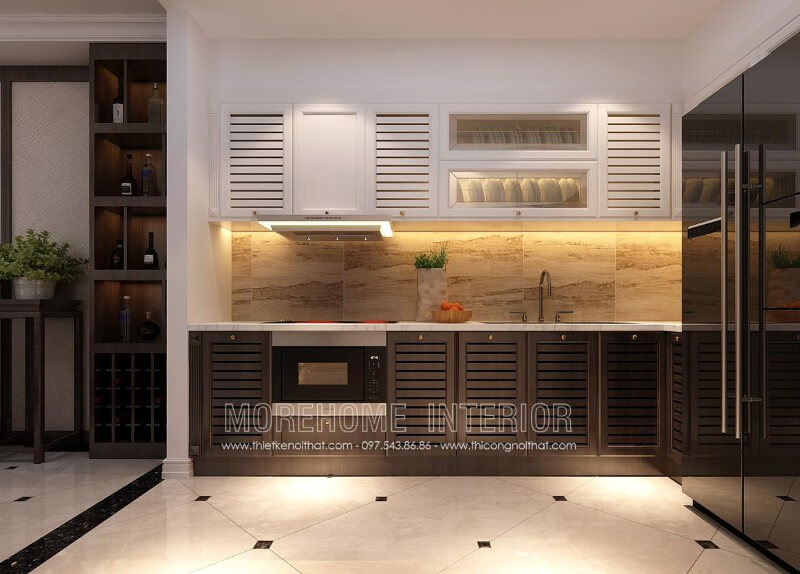 Tủ bếp chữ i với thiết kế hiện đại, đơn giản kết hợp chất liệu, màu sắc tương phản mang lại cảm giác căn hộ rộng hơn thực tế Tủ bếp hiện đại, tủ bếp chữ u, tủ bếp chữ i, tủ bếp chữ l