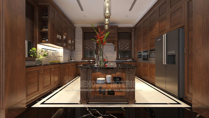 Tủ bếp chữ L gỗ óc chó được thiết kế một cách linh hoạt và khéo léo, kết hợp bàn bàn đảo được đặt ở chính giữa tạo sự bề thế, sang trọng cũng như đẳng cấp của chủ nhân ngôi nhà Tủ bếp hiện đại, tủ bếp chữ u, tủ bếp chữ i, tủ bếp chữ l