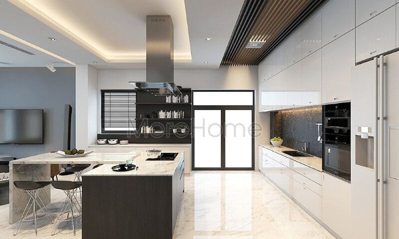 Mẫu tủ bếp chữ i gỗ An Cường hiện đại, liền kề là chiếc bàn đảo tích hợp công năng là bàn ăn phụ tạo tiện nghi cho chủ nhân ngôi nhà Tủ bếp hiện đại, tủ bếp chữ u, tủ bếp chữ i, tủ bếp chữ l