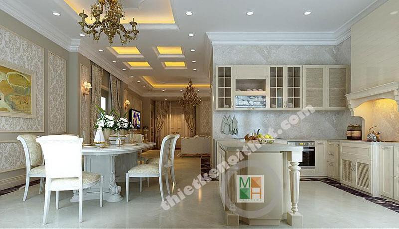 Mẫu tủ bếp gỗ tân cổ điển với thiết kế chữ L cùng thiết bị bếp hiện đại mang đến sự tiện nghi cho người nội trợ Tủ bếp hiện đại, tủ bếp chữ u, tủ bếp chữ i, tủ bếp chữ l