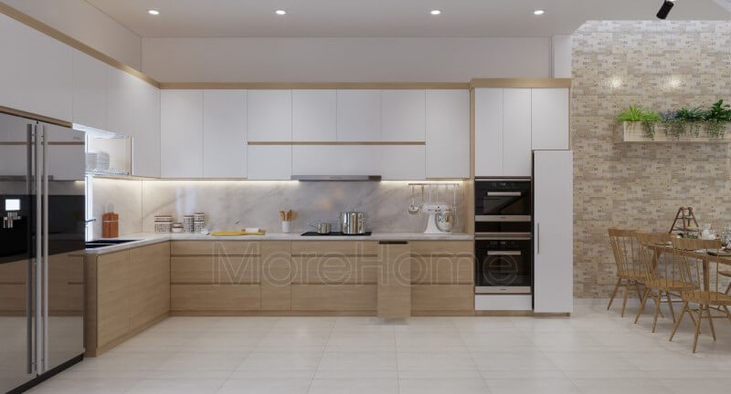Thiết kế tủ bếp gỗ veneer màu vàng nâu và màu trắng đơn giản cho không gian phòng bếp đẹp hiện đại Thiết kế tủ bếp nhà phố sang trọng