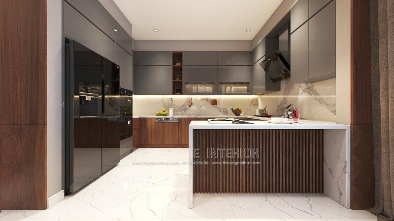 Tủ bếp gỗ acrylic đẹp sang trọng cho phòng bếp chung cư, nhà phố, biệt thự hiện đại. Thiết kế tủ bếp nhà phố sang trọng