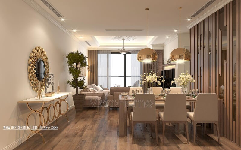 Đối diện bộ bàn ăn thay việc để trống không gian thì KTS trang trí với gương trang trí mạ vàng với thiết kế tinh xảo Thiết kế chung cư
