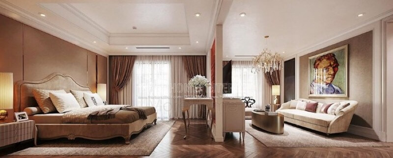 Thiết kế nội thất phòng ngủ master ấn tượng với sự phân tách thành phòng ngủ và phòng giải trí nhưng vẫn tạo nên sự thông thoáng, sang trọng. Thiết kế chung cư