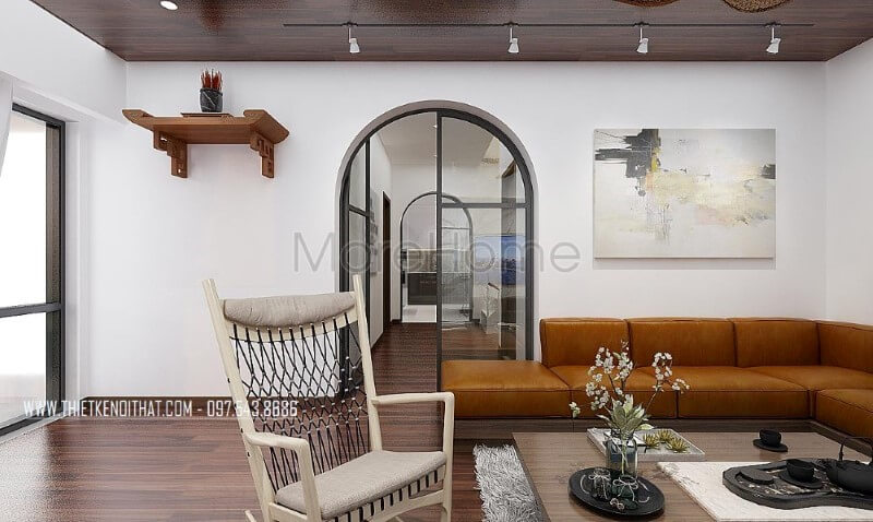 Mẫu sofa góc tối ưu diện tích được thiết kế vuông vức hiện đại cùng chất liệu da nâu cao cấp là lựa chọn hoàn hảo cho phòng khách biệt thự, nhà phố Thiết kế phòng khách biệt thự
