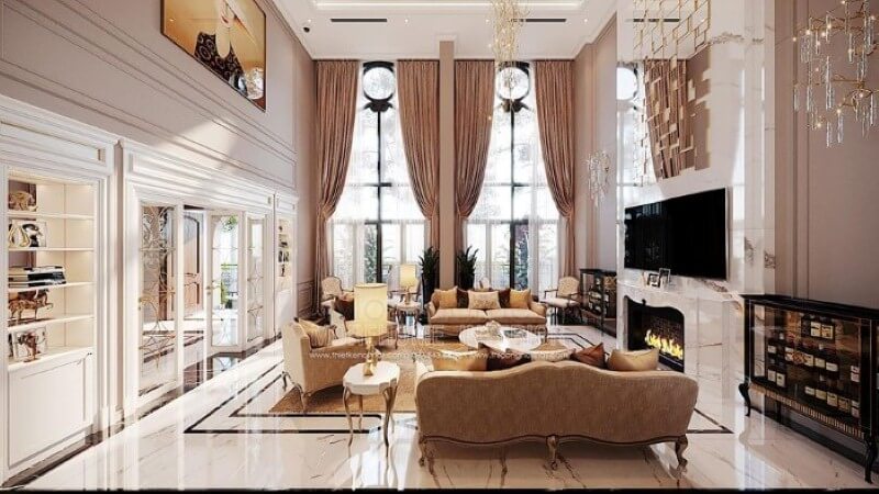 Trang trí nội thất phòng khách tân cổ điển đẹp, sang trọng tại Vinhomes Imperia Hải Phòng. Thiết kế phòng khách biệt thự