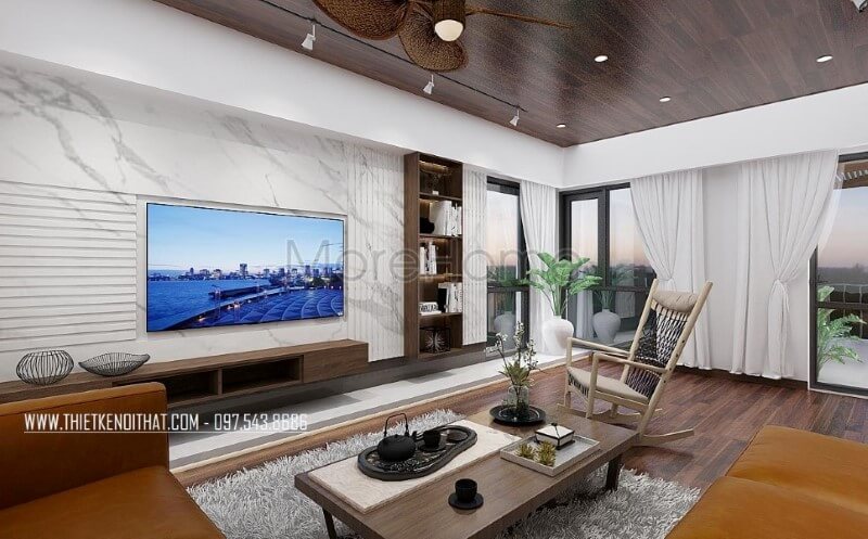 Đá ốp tường vân mây điểm nhấn ấn tượng cho phòng khách hiện đại, sang trọng. Thiết kế phòng khách biệt thự