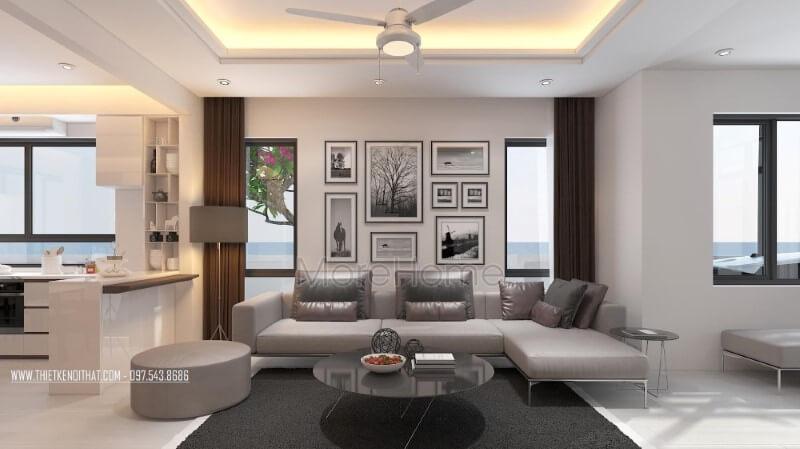 Tranh trang trí treo tường 6 ảnh đen trắng tạo nét độc đáo cho phòng khách hiện đại. Thiết kế phòng khách biệt thự