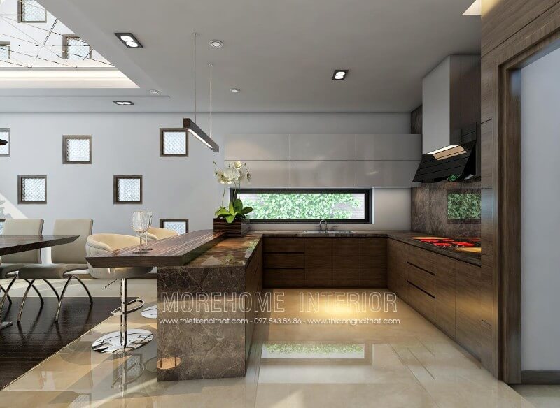 Trang trí nội thất phòng bếp biệt thự với mẫu tủ bếp hiện đại Tủ bếp hiện đại, tủ bếp chữ u, tủ bếp chữ i, tủ bếp chữ l