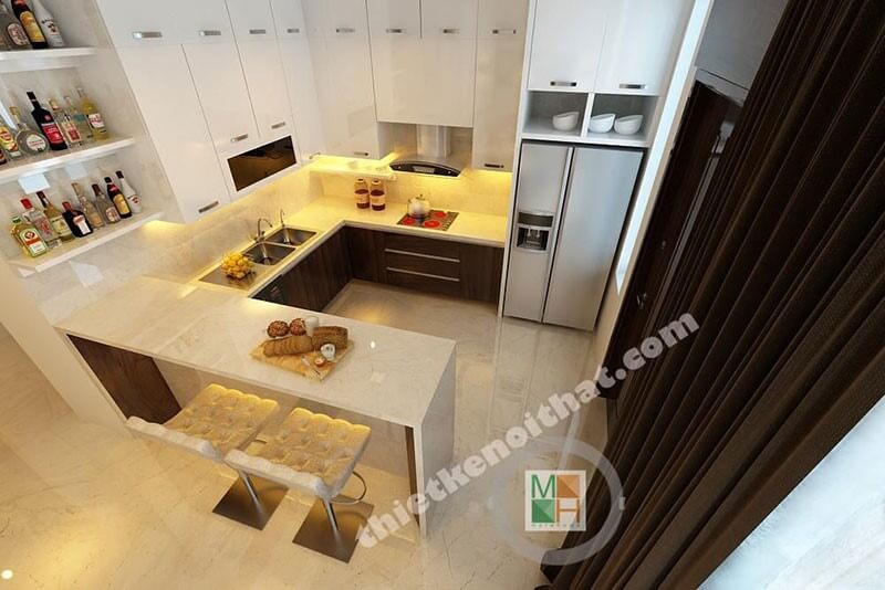 Mẫu tủ bếp chữ L gỗ công nghiệp hiện đại, bề mặt ốp đá cao cấp mang đến không gian sạch sẽ cho người nội trợ. Tủ bếp hiện đại, tủ bếp chữ u, tủ bếp chữ i, tủ bếp chữ l