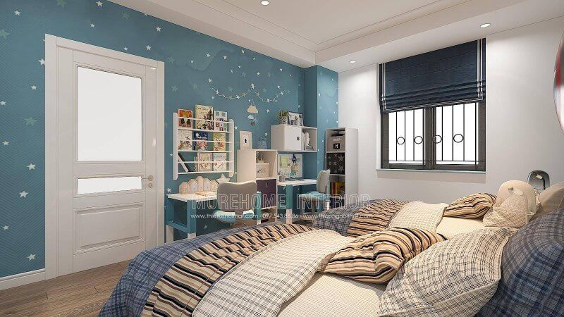 Ý tưởng thiết kế phòng ngủ của con tại biệt thự Vinhomes Imperia Hải Phòng tuy đơn giản nhưng lại khá độc đáo từ cách trang trí, bố trí kệ trang trí, bàn học, tủ để đồ và trước mặt như một khoảng trời lớn với các vì sao, đám mây đang bay lơ lửng sẽ là lợi ý khá độc đáo để quý vị tham khảo cho các bé của mình.