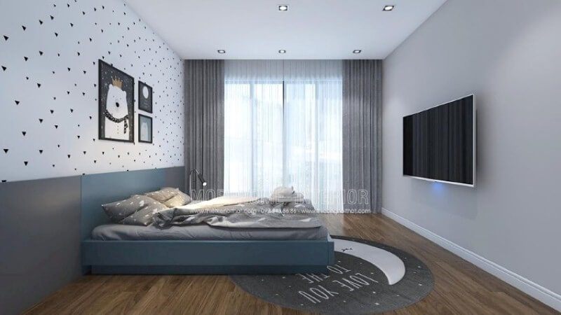 Ý tưởng sắp xếp phòng bé đơn giản với cửa lớn cùng rèm 2 lớp giúp phòng bé luôn tràn trề sinh khí nhưng vẫn giảm thiểu tối đa sức nóng ngày hè oi ả.
