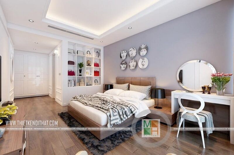 Thiết kế nội thất phòng ngủ cao cấp cho cặp vợ chồng trẻ với đồ nội thất gỗ công nghiệp cao cấp màu trắng: giường ngủ bọc nệm, bàn trang điểm, kệ tủ trưng bày, ..