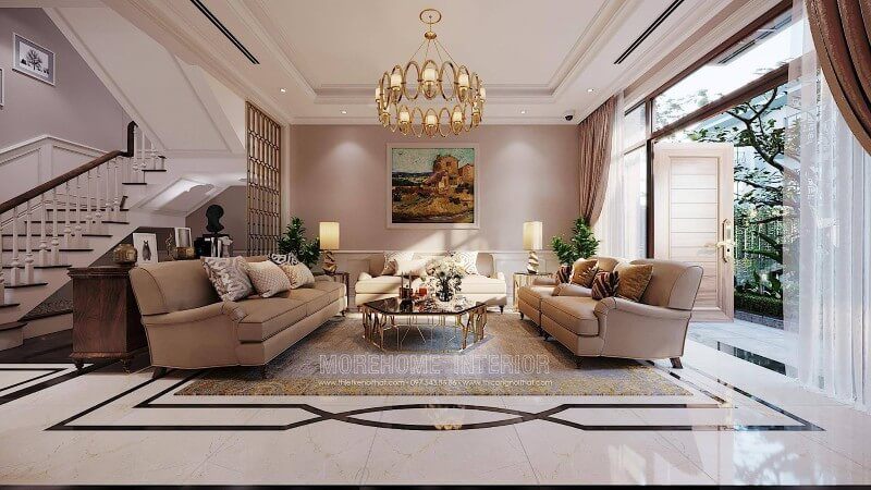 Bộ sofa phòng khách bọc da bò cao cấp được nhập khẩu để trang trí biệt thự tân cổ điển tại Ciputra Tây Hồ Hà Nội.