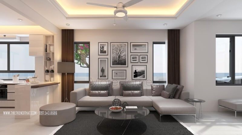 Sofa góc hiện đại với tone xám tinh tế được làm từ chất liệu da sáng bóng cao cấp nổi bật giữa không gian phòng khách biệt thự, nhà phố.