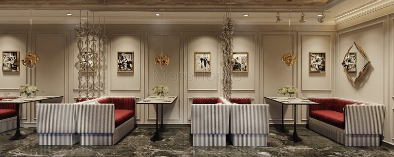 Nhà hàng của khách sạn 5 sao được trang trí sang trọng, đẳng cấp bằng các đồ nội thất cao cấp theo phong cách tân cổ điển, kết hợp với hiệu ứng ánh sáng, đèn trang trí và tranh treo tạo nên một không gian ăn uống lí tưởng.