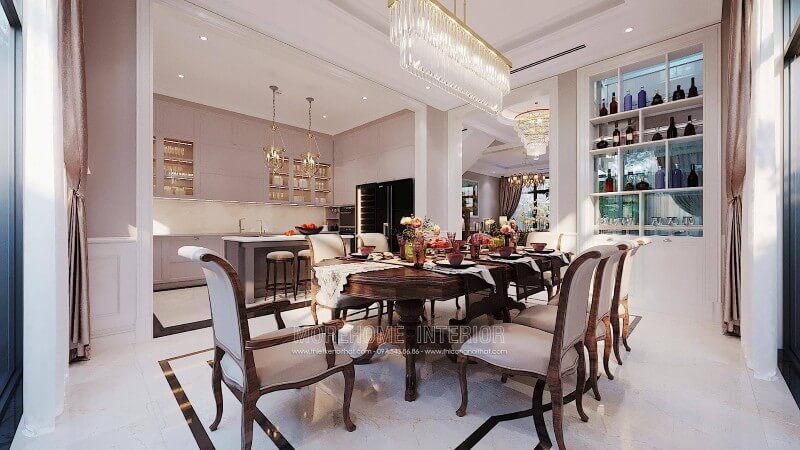 Bộ bàn ghế ăn cao cấp dành cho gia chủ tại biệt thự Ciputra Tây Hồ Hà Nội được làm từ gỗ óc chó.