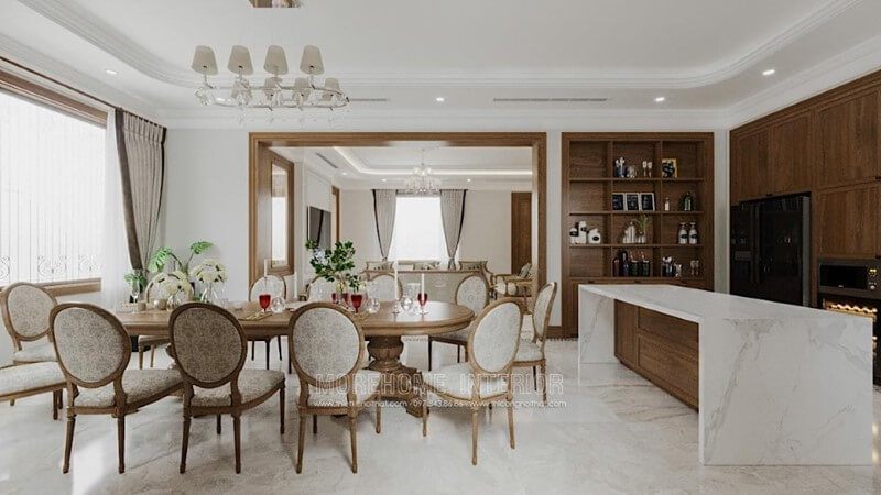 Chọn loại đá lát sàn màu trắng vân mây để tạo nên sự sang trọng, thoáng mát cho phòng ăn.