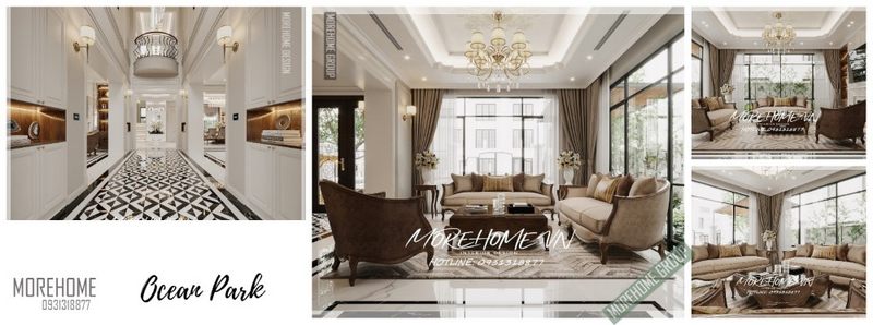 Đèn thả đặt ở giữa phòng khách có kiểu dáng thiết kế đặc sắc giúp tăng giá trị thẩm mỹ của không gian.
